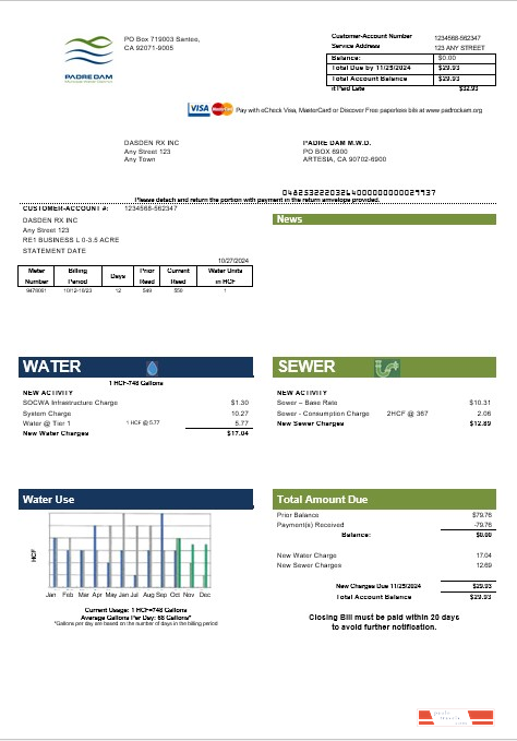 USA California Padredam business utility bill template in Word and PDF formats